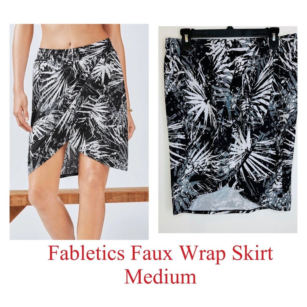 Fabletics Faux Wrap Skirt Moisture Wicking Pool beach After Workout black white